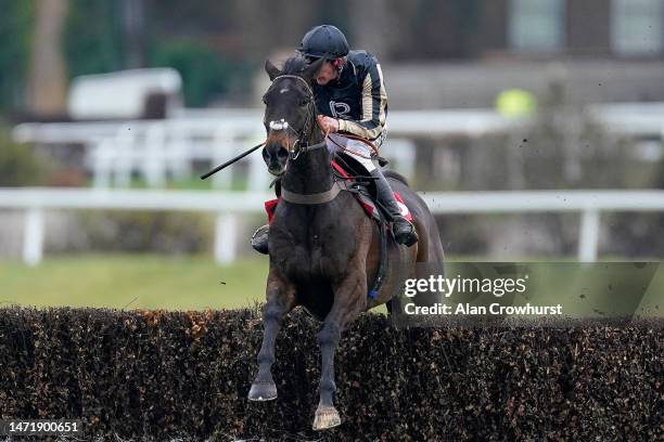 Lance Bombardier Jody Sole riding Broken Halo clear the last to win The Grand Military Gold Cup at Sandown Park Racecourse on March 07, 2023 in...