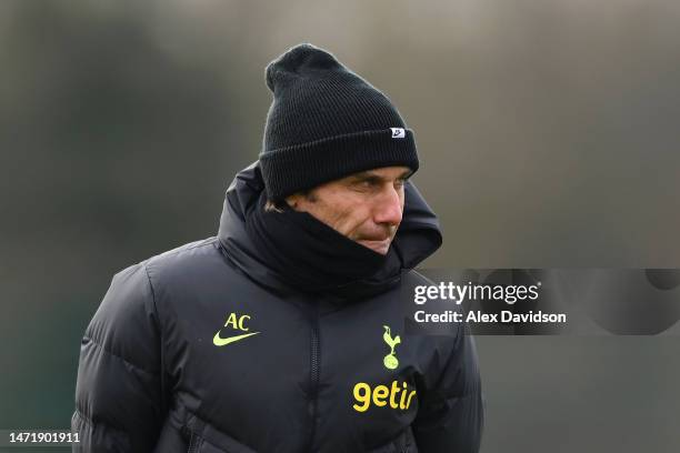 Antonio Conte, Manager of Tottenham Hotspur, looks on during a Tottenham Hotspur training session ahead of their UEFA Champions League round of 16...