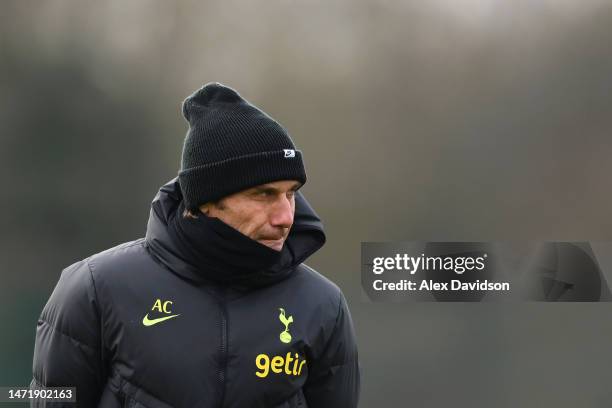 Antonio Conte, Manager of Tottenham Hotspur, looks on during a Tottenham Hotspur training session ahead of their UEFA Champions League round of 16...