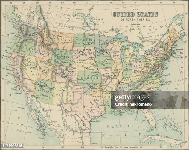 old chromolithograph map of united states of america (usa) - american map foto e immagini stock