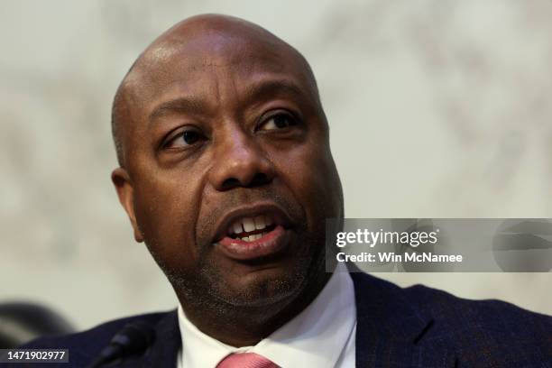 Sen. Tim Scott , Ranking Member, questions Federal Reserve Chair Jerome Powell during a Senate Banking Committee hearing on March 7, 2023 in...