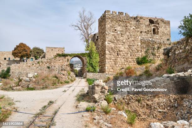 view of the crusader castle in byblos, lebanon - byblos stockfoto's en -beelden