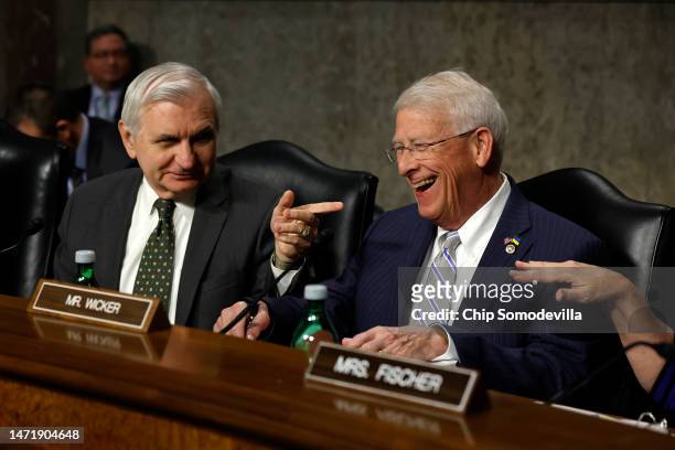 Sen. Jack Reed talks to Sen. Roger Wicker during a Senate Armed Services Committee hearing in the Dirksen Senate Office Building on Capitol Hill on...