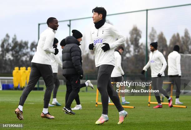 Son Heung-Min of Tottenham Hotspur looks on during a Tottenham Hotspur training session ahead of their UEFA Champions League round of 16 match...