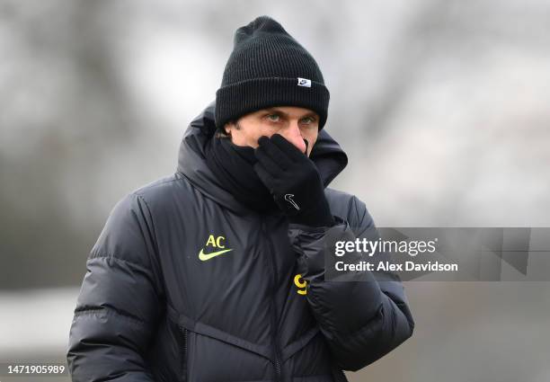 Antonio Conte, Manager of Tottenham Hotspur, looks on during a Tottenham Hotspur training session ahead of their UEFA Champions League round of 16...