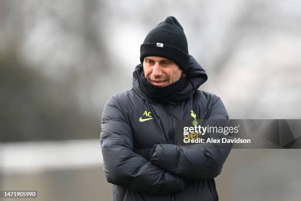 Antonio Conte, Manager of Tottenham Hotspur, looks on during a Tottenham Hotspur training session ahead of their UEFA Champions League round of 16...