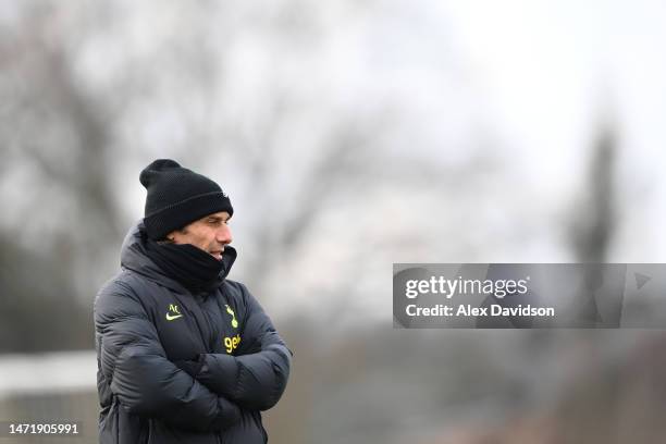 Antonio Conte, Manager of Tottenham Hotspur, looks on during a Tottenham Hotspur training session ahead of their UEFA Champions League round of 16...