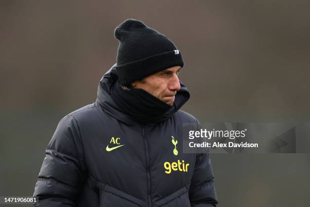 Antonio Conte, Manager of Tottenham Hotspur, looks on during a Tottenham Hotspur training session ahead of their UEFA Champions League round of 16...