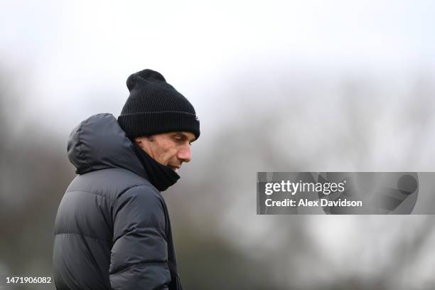 Antonio Conte, Manager of Tottenham Hotspur, looks on during a Tottenham Hotspur training session ahead of their UEFA Champions League round of 16...