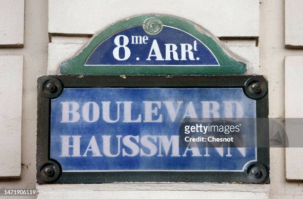 Boulevard Haussmann street sign is seen in the 8th arrondissement on March 07, 2023 in Paris, France. In 1853, Georges Eugène Haussmann, commonly...