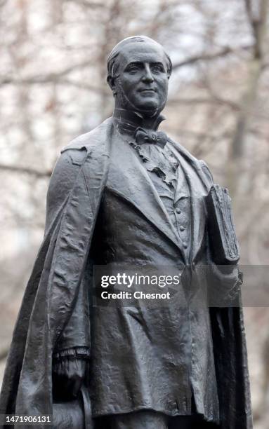 The bronze statue of Baron Haussmann made by François Cogné is seen Boulevard Haussmann in the 8th arrondissement on March 07, 2023 in Paris, France....