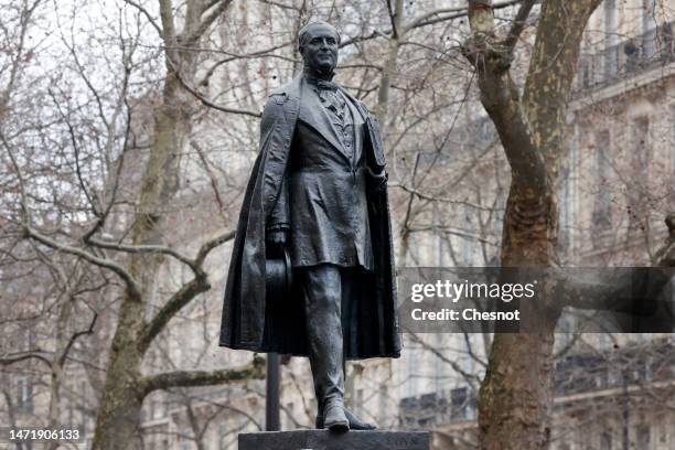 The bronze statue of Baron Haussmann made by François Cogné is seen Boulevard Haussmann in the 8th arrondissement on March 07, 2023 in Paris, France....