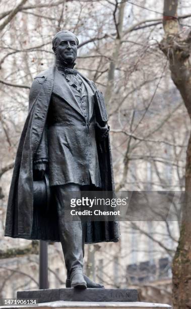 The bronze statue of Baron Haussmann made by François Cogné is seen Boulevard Haussmann in the 8th arrondissement on March 07, 2023 in Paris, France....