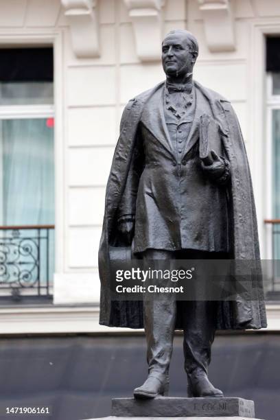 The bronze statue of Baron Haussmann made by François Cogné is seen Boulevard Haussmann in the 8th arrondissement on March 07, 2023 in Paris, France....