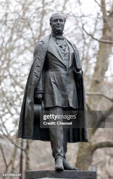 The bronze statue of Baron Haussmann made by François Cogné is seen Boulevard Haussmann in the 8th arrondissement on March 07, 2023 in Paris, France....