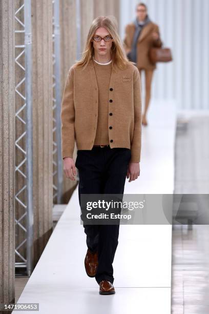 Model walks the runway during the Miu Miu Womenswear Fall Winter 2023-2024 show as part of Paris Fashion Week on March 7, 2023 in Paris, France.