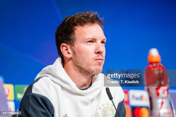 Head coach Julian Nagelsmann of FC Bayern Muenchen at the press conference ahead of their UEFA Champions League round of 16 match against Paris...