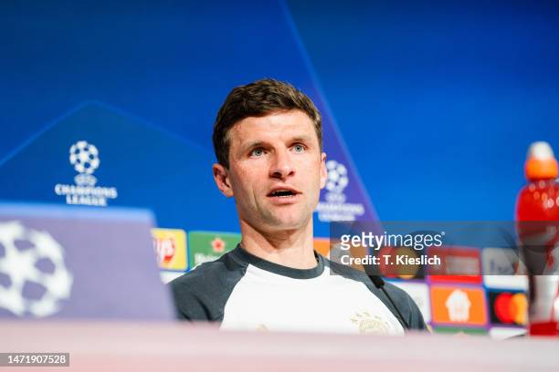 Thomas Mueller of FC Bayern Muenchen at the press conference ahead of their UEFA Champions League round of 16 match against Paris Saint-Germain at...