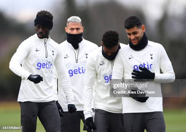 Richarlison of Tottenham Hotspur looks on during a Tottenham Hotspur training session ahead of their UEFA Champions League round of 16 match against...