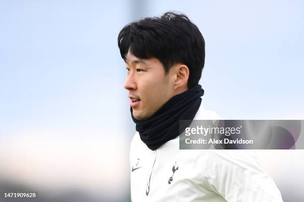 Son Heung-Min of Tottenham Hotspur looks on during a Tottenham Hotspur training session ahead of their UEFA Champions League round of 16 match...