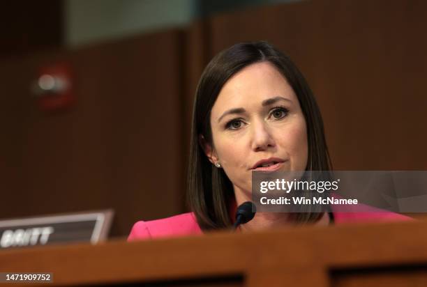 Sen. Katie Britt questions Federal Reserve Chair Jerome Powell as he testifies before the Senate Banking Committee March 7, 2023 in Washington, DC....