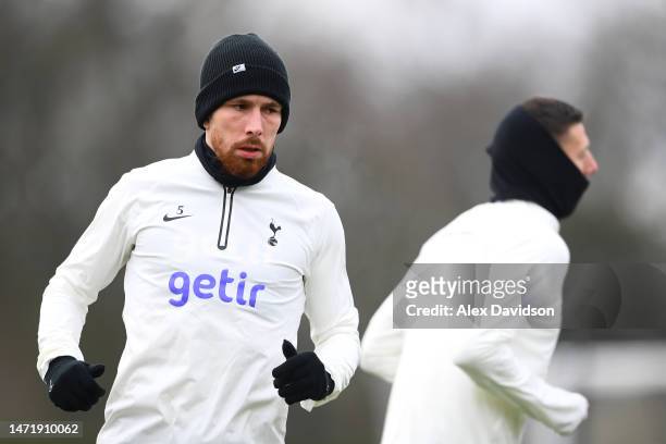 Pierre-Emile Hojbjerg of Tottenham Hotspur looks on during a Tottenham Hotspur training session ahead of their UEFA Champions League round of 16...