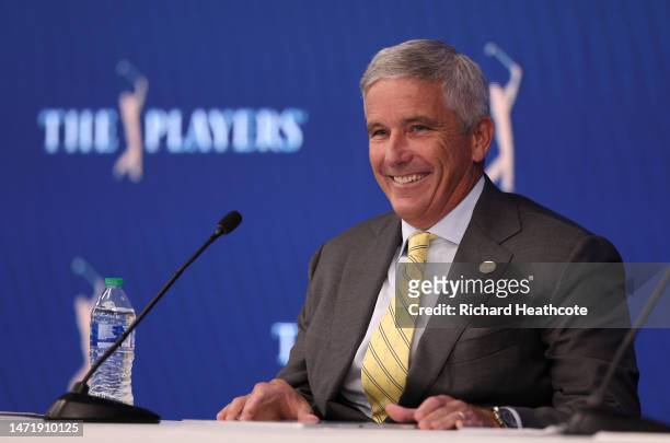 Jay Monahan, Commissioner of the PGA Tour speaks to the media in a press conference prior to THE PLAYERS Championship on THE PLAYERS Stadium Course...