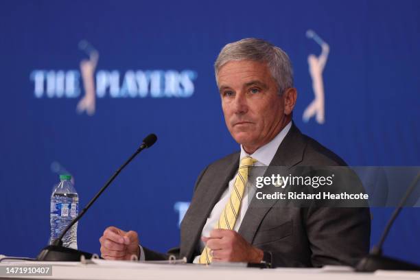 Jay Monahan, Commissioner of the PGA Tour speaks to the media in a press conference prior to THE PLAYERS Championship on THE PLAYERS Stadium Course...