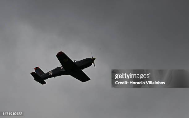 Portuguese Socata TB 30 Epsilon, a light military trainer, is seen silhouetted while flying low over Beja Nr 11 Portuguese Air Force base in the role...