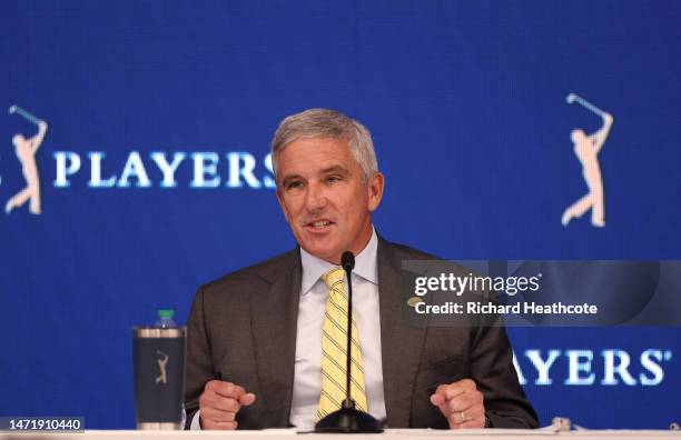 Jay Monahan, Commissioner of the PGA Tour speaks to the media in a press conference prior to THE PLAYERS Championship on THE PLAYERS Stadium Course...