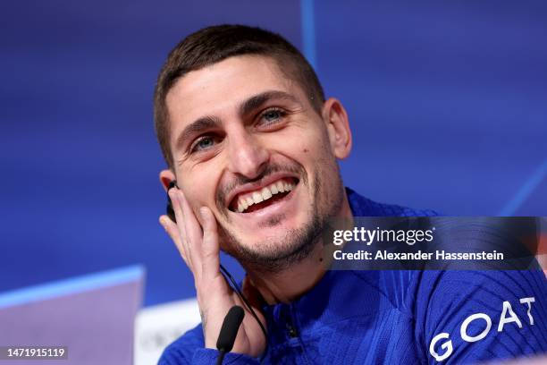 Marco Verratti of PSG Paris Saint-Germain smiles during a Paris Saint-Germain press conference ahead of their UEFA Champions League round of 16 match...