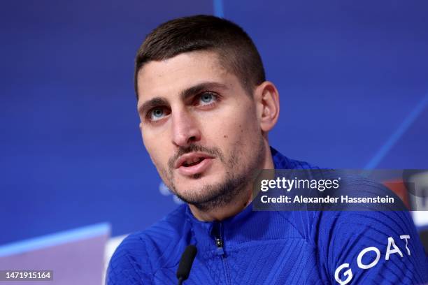 Marco Verratti of PSG Paris Saint-Germain talks to the media during a Paris Saint-Germain press conference ahead of their UEFA Champions League round...