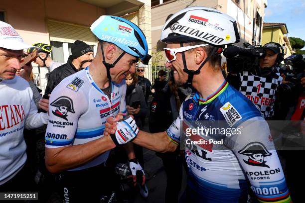 Stage winner Fabio Jakobsen of The Netherlands and Team Soudal Quick-Step reacts with his teammate Julian Alaphilippe of France and Team Soudal...