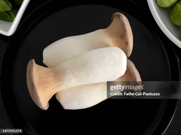 close-up of three pleurotus eryngii mushrooms in a black plate - king trumpet mushroom - fotografias e filmes do acervo