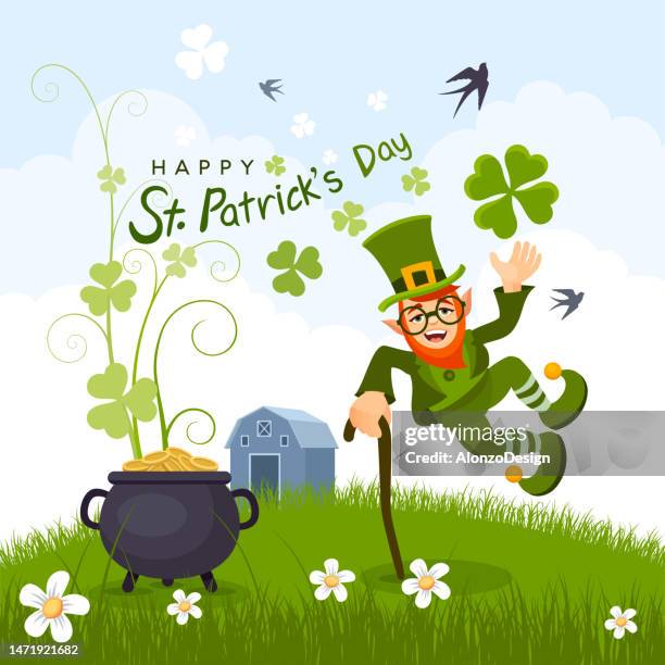 happy st. patrick's day. leprechaun and a pot of gold. - leprechaun stock illustrations