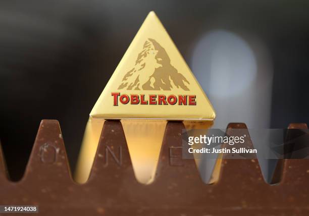 In this photo illustration, a Toblerone chocolate bar is displayed on March 07, 2023 in San Anselmo, California. Toblerone will drop the image of the...
