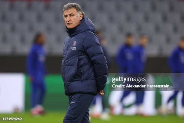 Christophe Galtier, head coach of PSG Paris Saint-Germain looks on during a Paris Saint-Germain Training session ahead of their UEFA Champions League...