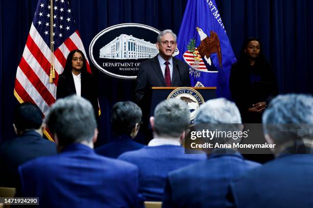 Attorney General Merrick Garland speaks at a news conference at the Justice Department on March 07, 2023 in Washington, DC. During the news...