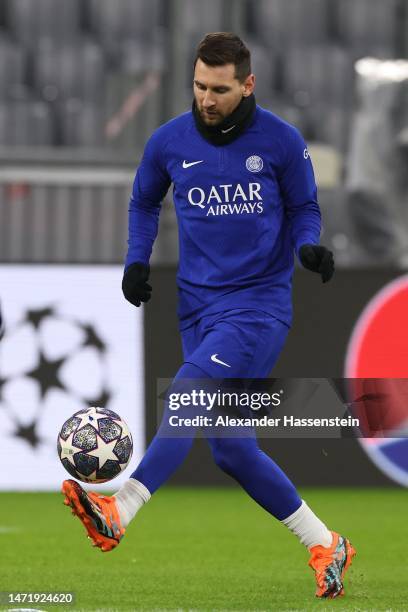 Lionel Messi of PSG Paris Saint-Germain plays the ball during a Paris Saint-Germain Training session ahead of their UEFA Champions League round of 16...