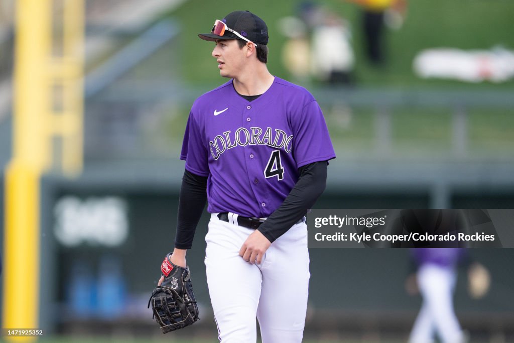 Mike Rokes Colorado Michael Toglia of the Colorado Rockies looks on during a game at Salt ...