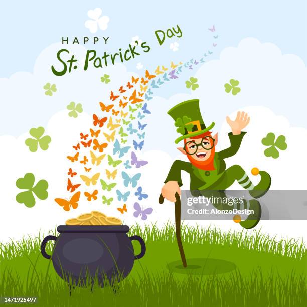happy st. patrick's day. leprechaun and a pot of gold. - funny irish stock illustrations