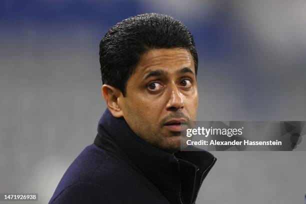 Nasser Ghanim Al-Khelaifi, President of Paris Saint-Germain looks on during a Paris Saint-Germain Training session ahead of their UEFA Champions...