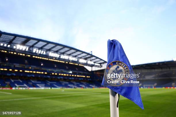 Detailed view of a Chelsea branded corner flag on the inside of the stadium prior to the UEFA Champions League round of 16 leg two match between...