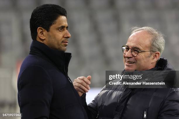 Luís Campos , Sporting director of Paris Saint-Germain talks to Nasser Ghanim Al-Khelaifi, President of Paris Saint-Germain during a Paris...