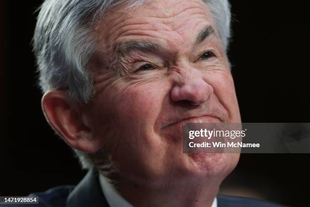 Federal Reserve Chair Jerome Powell testifies before the Senate Banking Committee March 7, 2023 in Washington, DC. Powell spoke on the state of the...