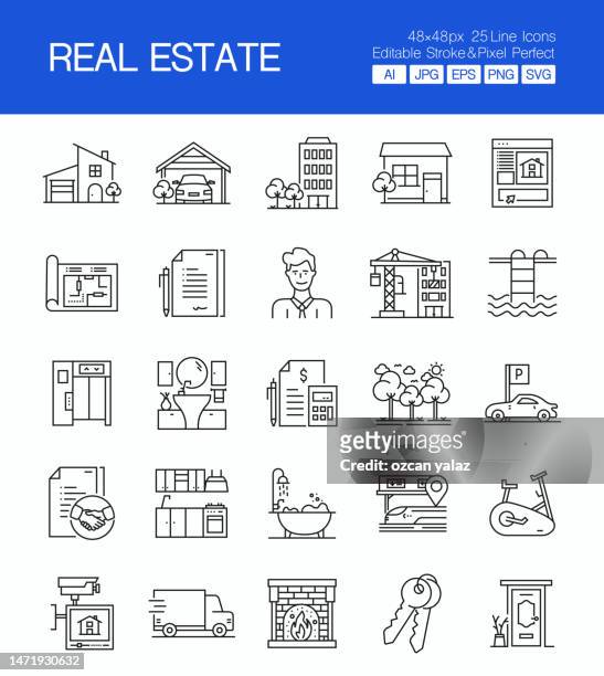 real estate thin line vector icon set. the design is editable and the color can be changed. vector set of creativity icons: contract , for sale , house , residential building , real estate agent , real estate investment - balcony stock illustrations