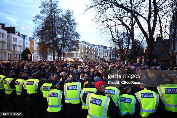 General view as fans of Chelsea gather outside of the stadium, as Police attend, prior to the UEFA Champions League round of 16 leg two match between...