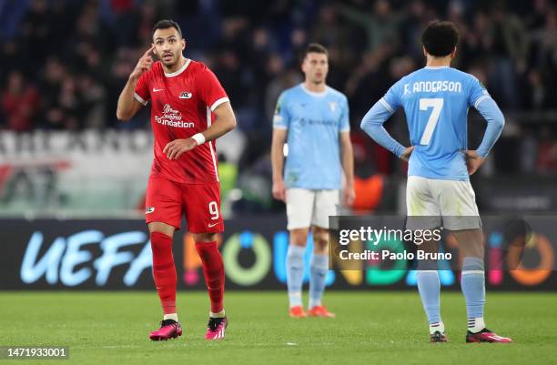 Evangelos Pavlidis of AZ Alkmaar celebrates after scoring the team's first goal during the UEFA Europa Conference League round of 16 leg one match...