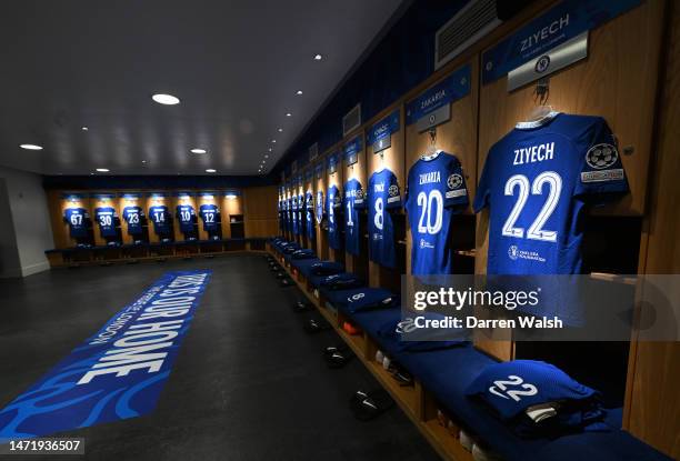 General view of the inside of the Chelsea changing room with the shirts of Denis Zakaria and Hakim Ziyech prior to the UEFA Champions League round of...