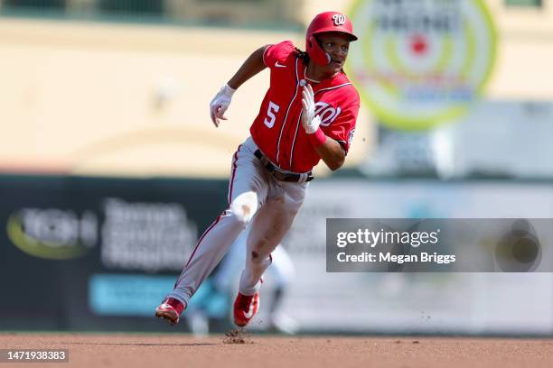 Abrams of the Washington Nationals rounds the bases against the Miami Marlins during the first inning of the spring training game at Roger Dean...